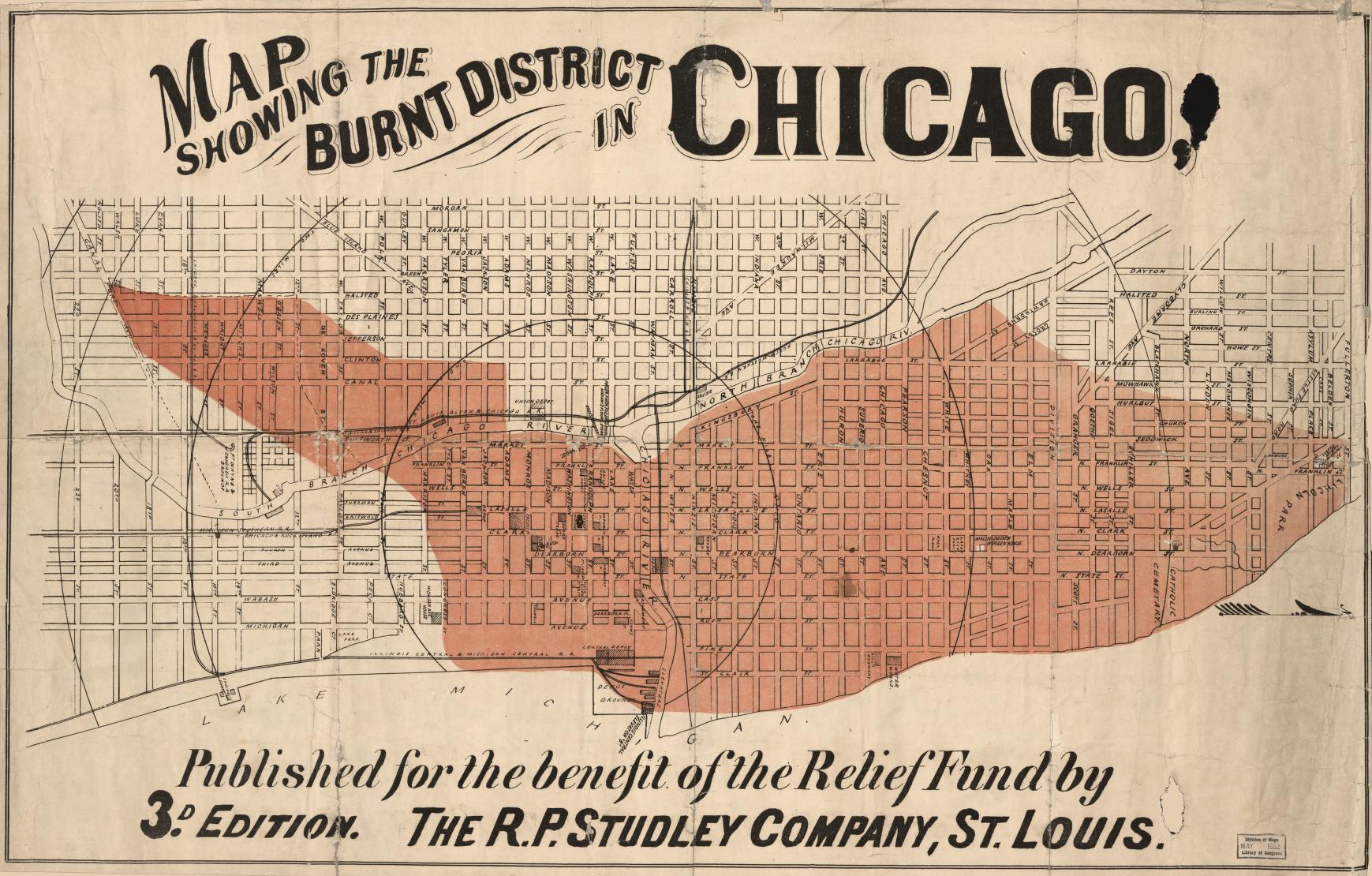 Map showing the burnt district in the great Chicago Fire